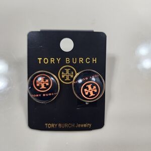 Tory Burch Black and Gold Logo Stud Earrings